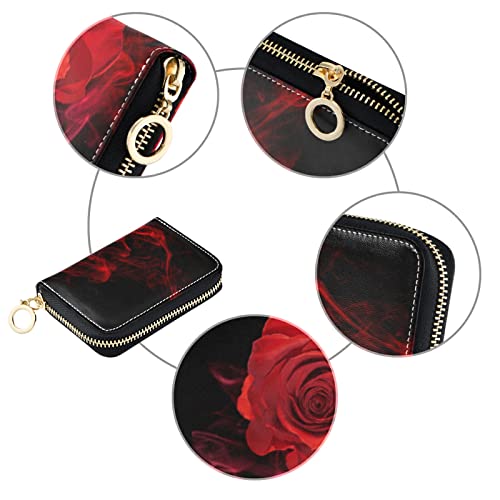 Red Rose Flower Wrapped in Red Smoke Swirl on Black Background Grey Credit Card Coin wallet, RFID Blocking Compact Women Leather Card Holder, Key Change Organizer, Zipper Purse Clutch Pouch3