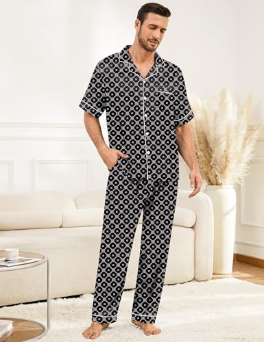 Image of SWOMOG Mens Silk Pajamas Set Satin Pj Set Short Sleeve Sleepwear Button Down Lounge Set with Drawstring & Pockets S-3XL