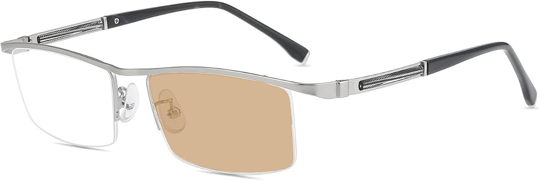 HELES Mens Business Half Rim Titanium Alloy&TR Photochromic Brown Reading Glasses Single Vision Outdoor Sunglasses Readers -Silver||Plano Lens0.00
