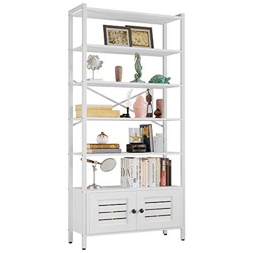 IRONCK Bookshelf and Bookcase with 2 Louvered Doors and 5 Shelves, Standing Storage Cabinet for Living Room, Home Office, Bedroom, Washroom, White IRONCK Bookshelf and Bookcase with 2 Louvered Doors and 5 Shelves, Standing Storage Cabinet for Living Room, Home Office, Bedroom, Washroom, White