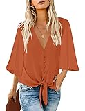 luvamia Women's Sexy V Neck Blouses 3/4 Bell Sleeves Button Down Shirts Tie Knot Casual Tops Burnt Orange Size Medium