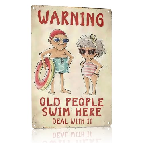 ASTRDECOR Funny Metal Pool Sign Old People Swim Here - Vintage Rustic Wall Decor for Pool Patio Humorous Outdoor Sign with Retro Design and Playful Characters Summer Artwork Decor 8x12 Inch