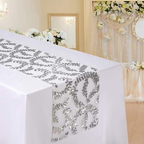 Chemin deTable en Paillettes Glitter Nappe pour Marriage Anniversaire Célébration événements Fête Décoration Argent Feuilles Motif 30*280cm
