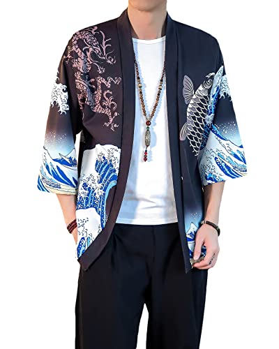 Image of PRIJOUHE Men's Lightweight Kimono Jacket Seven Sleeve Open Front Cardigan Coat Japanese Style Bathrobe