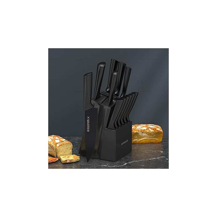 ANTINIVES Black Knife Block Sets, 14 Pcs German Stainless Steel Knife Sets for Kitchen with Block, Kitchen Knife Sets with Built-in Sharpener, Ergonomic Handle with Non Stick Black Coating