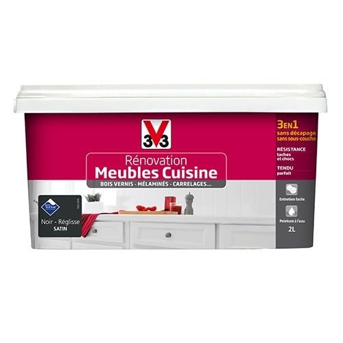 V33 Rénovation Meubles Cuisine (Bois vernis-Mélaminés-Stratifiés) Satin Noir réglisse 2 L