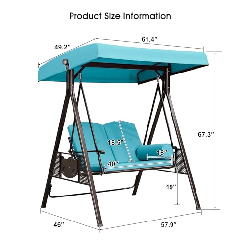 Image of PURPLE LEAF 2-Seat Deluxe Outdoor Patio Porch Swing with Weather Resistant Steel Frame, Adjustable Tilt Canopy, Cushions and Pillow Included, Turquoise Blue