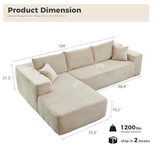 Image of HOOOWOOO Sectional L Shaped Couch,106 inch Assembly Free Modern Minimalist Sofa,Extra Deep Large Corner Sofa Couch Set in A Box for Living Room(Left Chaise Beige Velvet Uphosted)