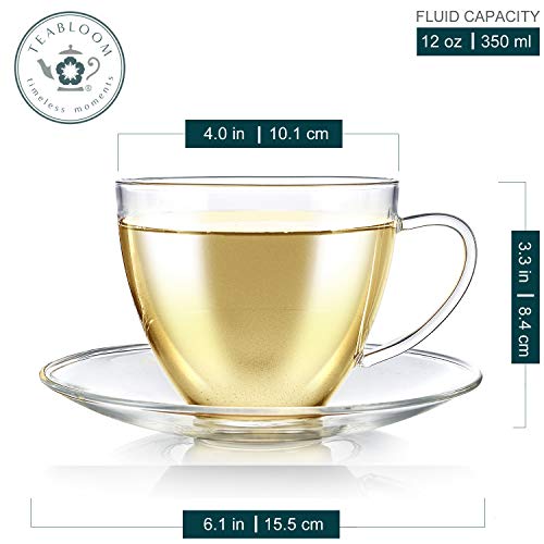 Teabloom Royal Teacup And Saucer Set 2-Pack – Large Size – 12 Oz/ 350 Ml Capacity – Crystal Clear Classic Design – Glass Mug Set – Premium, Healthful Borosilicate Glass – Durable And Heat Resistant #TOP2