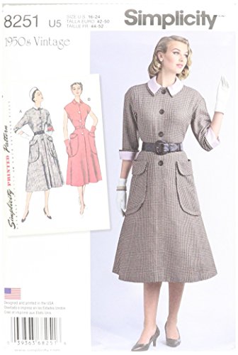 Simplicity 8251 1950's Vintage Dress Sewing Pattern, Sizes 16-24