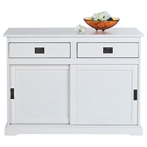 IDIMEX Buffet Salle à Manger Savona L 110 cm en Bois Massif Blanc 2 tiroirs 2 Portes coulissantes Meuble Rangement avec poignées en métal bahut vaisselier...