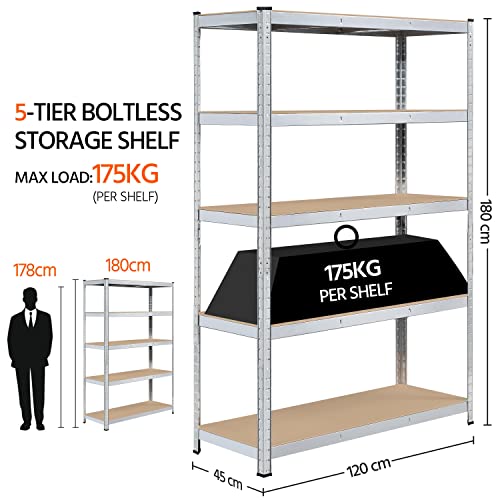 Yaheetech Schwerlastregal 180 x 120 x 45 cm Lagerregal 5 Böden Metall Regal Max. Belastbarkeit : 875kg Silbern