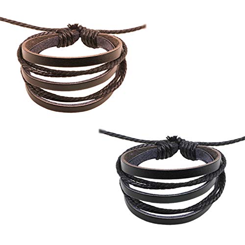 Preisvergleich Produktbild JinYu 2 Stück mehrschichtiges Lederarmband - geflochtener Wickelmanschettenarmreif für Damen und Herren Schwarz und Grau