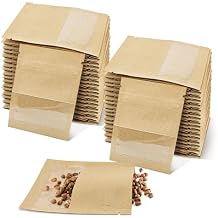 100 Pack Seed Packet Envelope with Clear Window, Brown Kraft Paper Resealable Zipper Bags for Garden Flower Vegetable Plants Storage Packaging 3.54x2.76 Inch