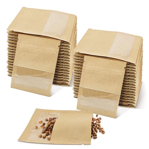 100 Pack Seed Packet Envelope with Clear Window, Brown Kraft Paper Resealable Zipper Bags for Garden Flower Vegetable Plants Storage Packaging 3.54x2.76 Inch