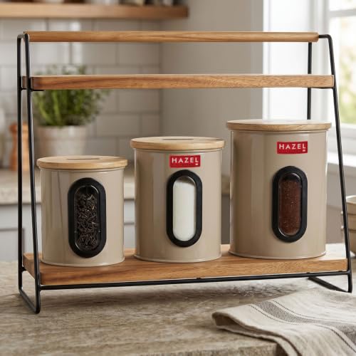 Image of HAZEL Airtight Container with See Through Window & Wooden Lid, Set of 3 | Kitchen Storage Canisters