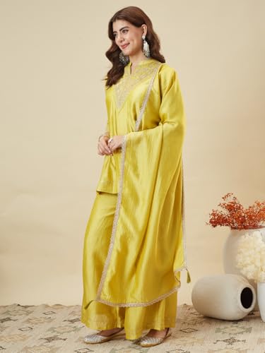Image of MOKOSH Women's Silk Embroidery Kurta Sharara with Dupatta | Kurta Set | Embroidered |Indian Kurta Outfit with Sharara | 3 Piece Outfit |Straight Ethnic Suit 4 Colour Options Available