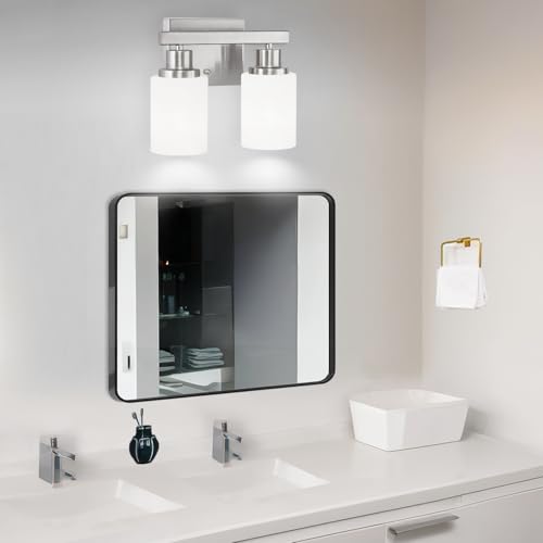 Image of 2-Light Nickel Vanity Light Bathroom Light Fixture Over Mirror | White Frosted Ribbed Glass Shade Brushed Nickel Bathroom Wall Lamp Sconces for Mirror Bedroom Hallway Small Space E26 Base