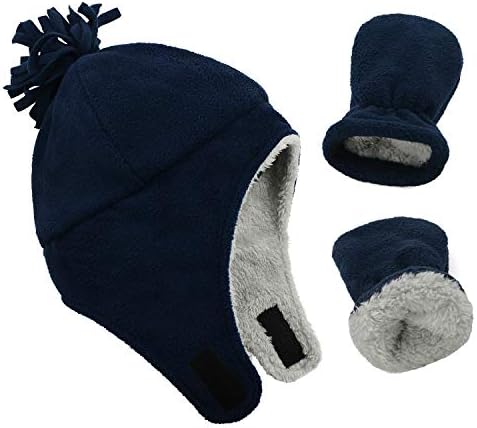 Century Star Baby Fleece Hat Warm Earflap Toddler Boys Winter Hat and Mitten Set 01 Navy Blue 3-12 Months