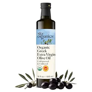 Sky Organics - Organic Extra Virgin Olive Oil, 16 fl oz - Cold Pressed & Unfiltered - Bright, Fresh, Authentic Flavor - Sourced from Farmers in Greece - 100% Pure - Kosher - Natural, Vegan, & Soy Free