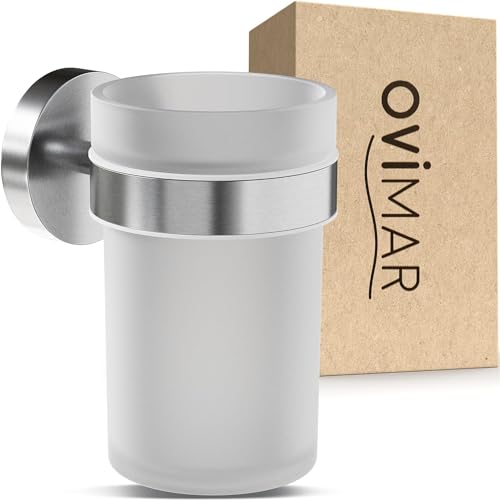 ovimar Vaso para cepillos de Dientes Nordre, Color Plateado, de Cristal y Acero Inoxidable para el baño, con Vaso extraíble y Soporte para cepillos de Dientes, para taladrar en la Pared