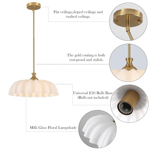 Image of 15.7 inch Vintage Flower Gold Chandelier - Adjustable Height White Milk Glass Shades Pendant Light Fixture for Kitchen Island, Dining Room, Bedroom