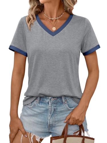 AUTOMET Womens Short Sleeve T-Shirts Summer Tops Casual Soft Tunic V Neck Basic Tees Workout Clothes Spring Fashion Outfits 2026 Bluegrey M