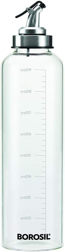 Borosil 1L Oil Dispencer | Borosilicate Glass Oil Bottle with Silicon Funnel | Leakproof, BPA Free Oil Container for Kitchen | Transparent (1 L)