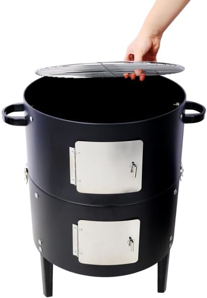17 Inch Steel Charcoal Smoker Grill – Heavy Duty Outdoor BBQ Smoker for Home, Patio, and Kitchen Party, Adjustable Airflow & Dual Access Doors, Black