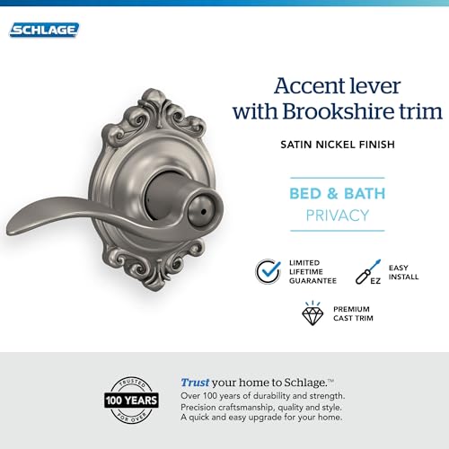 Image of SCHLAGE Accent Lever with Brookshire Trim Bed and Bath Lock in Satin Nickel