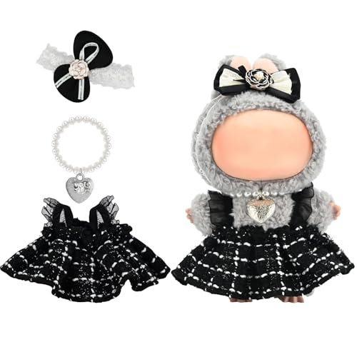 ‌Elegant Black-and-White Dress for 15cm/17cm Dolls - Strap Gown with Heart Pearl Necklace & Bow Headband/Fashion Doll Clothes Set, Accessories for Girl Doll/Perfect for Collectors, Gifts
