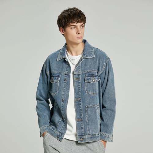 Image of Denim Jacket Men Vintage Autumn and Winter Tops Mens Denim Trucker Jacket