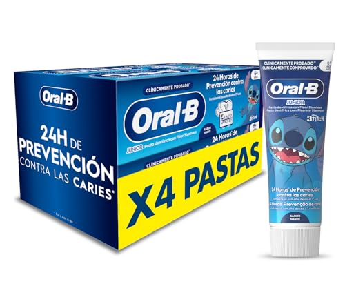 Oral-B Pro Junior Disney Stitch Pasta De Dientes Para Niños, Elimina La Placa y Previene las Caries, Dentífrico Para Niños de 6 a 12 Años, Sabor a Menta Suave, 75 ml (Paquete de 4)
