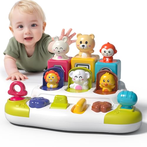 PANITU Baby Pop Up Animal Toys with Buttons & Colors, Montessori Cause and Effect Toys for Boys Girls, Kids, Toddlers, Babies – 9 Months +