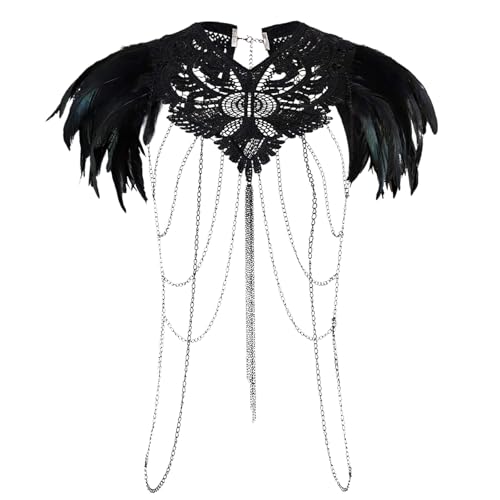 LVOW Real Black Feather Harness Lace Collar Necklace Bib Halloween (X- Black)