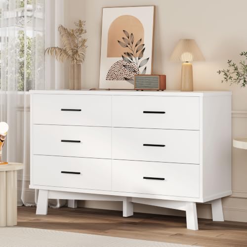 Xixini Dresser for Bedroom, 6 Drawer Wide Modern Chest of Drawers with X-Shaped Sturdy Base, Wood Double Dresser Closet Clothes Storage Organizer, Wooden TV Stand for Living Room, Hallway, White