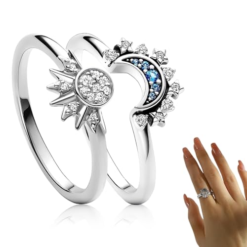 SULIUDAJI 2 Pièces Bague Femme Acier Inoxydable Motif Soleil Lune, Ajustable Plaqué Or Argent Promesse Couple Anxiété Réglable Fidget Rings Cadeau
