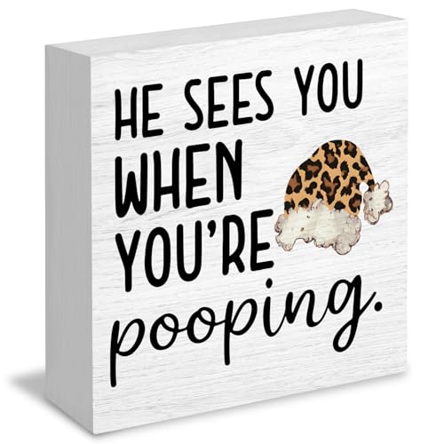 RUNMESS Funny Leopard Christmas Bathroom Wood Box Signs, He Sees You When You're Pooping Sign, Christmas Cheetah Print Santa Hat Wooden Signs for Bathroom Washroom Restroom Decor, 5x5 Inch