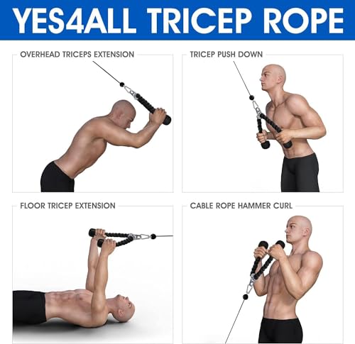 Image of Yes4All Deluxe 36 inch Blue & Black Tricep Rope with Carabiner, Exercise Machine Attachments, Pulley System Pull Down Rope, LAT Cable Attachment for Row Machine & Cable Machine