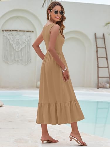 Image of AUSELILY Womens Summer Maxi Dress Casual Sleeveless V Neck Floral Dresses | A line shape with practical side pockets, Vacation dress for resort walks, Pair with low heels and simple jewelry
