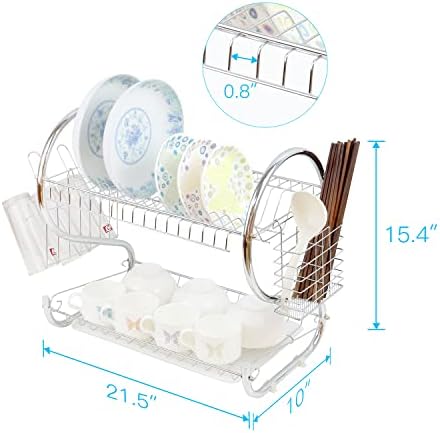 TBM 2 Tier Dish Drainer Rack with Utensil Holder Dish Drainer Cup Holder and Dish Rack for Kitchen Counter Top Silver (Chrome Plated)