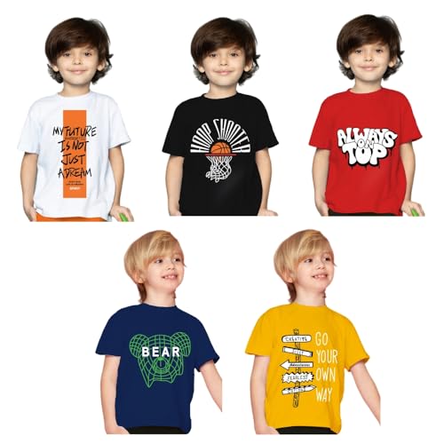 Image of Yazh Texworld Boys Round Neck Blended Cotton T-Shirts | Regular Fit | Half Sleeve | Casual Wear | Trendy | Combo Pack of 5 | Multicolor | Soft, Durable, and Stylish for Everyday use