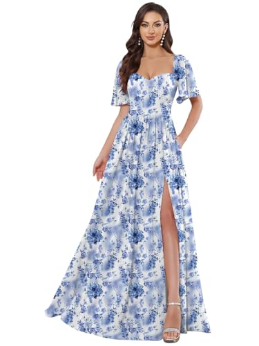 Chiffon Bridesmaid Dresses for Women Short Sleeves Sweetheart Formal Gowns with Slit