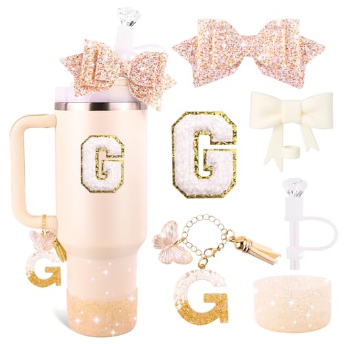 Lingdeer White Cup Accessories Set for Stanley 30OZ & 40OZ Tumbler with Handle, Letter Charms, Bow & Diamond Straw Covers, Glitter Silicone Boot, Personalized Sticker for Stanley Cup Accessories (G)