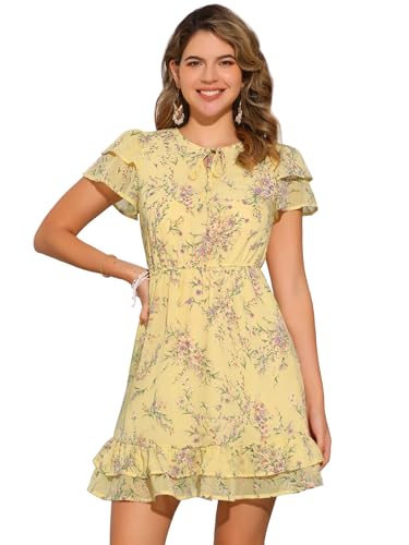 Image of Allegra K Women's Ruffle Sleeve Self-Tie V Neck Flowy Ruffled A-Line Floral Chiffon Dress