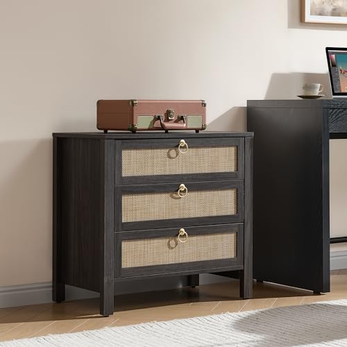 Image of SICOTAS Night Stand with Drawers, Large Rattan Bedside Table with Golden Handle, 3 Drawers Nightstand Tall End Table Side Table Boho Nightstand for Bedroom