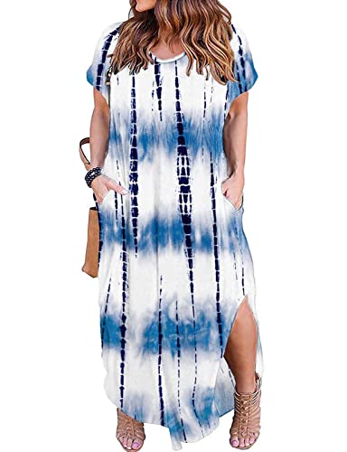 Image of Kancystore Women's Plus Size Dresses Summer Casual Loose Pocket Short Sleeve Slits Long Maxi Dress XL-5X