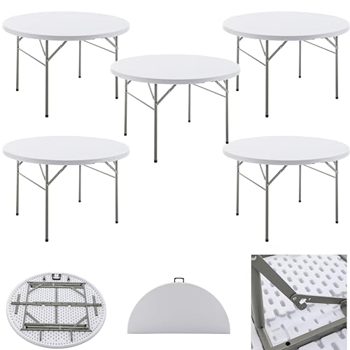 Image of BTEXPERT Set of 5, White 4 Ft 48inch Round Plastic Folding Table Commercial Portable for Banquet Dining Wedding Party Events Home Kitchen Patio Backyard Indoor Outdoor