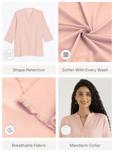 Image of SAADAA Women Short Kurti Airy Linen Regular Fit Kurta with 3 /4th Sleeves, Mandarin Collar, Side Slit Perfect for Casual, Formal, and Ethnic Wear