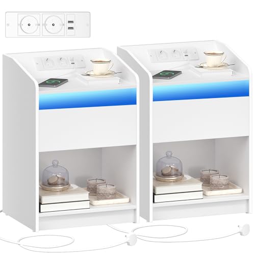 Hzuaneri Table de Nuit Lot de 2, avec lumière LED, Tables d'appoint avec Station de Charge, 1 tiroir de Rangement Table de Chevet pour Chambre à Coucher,...